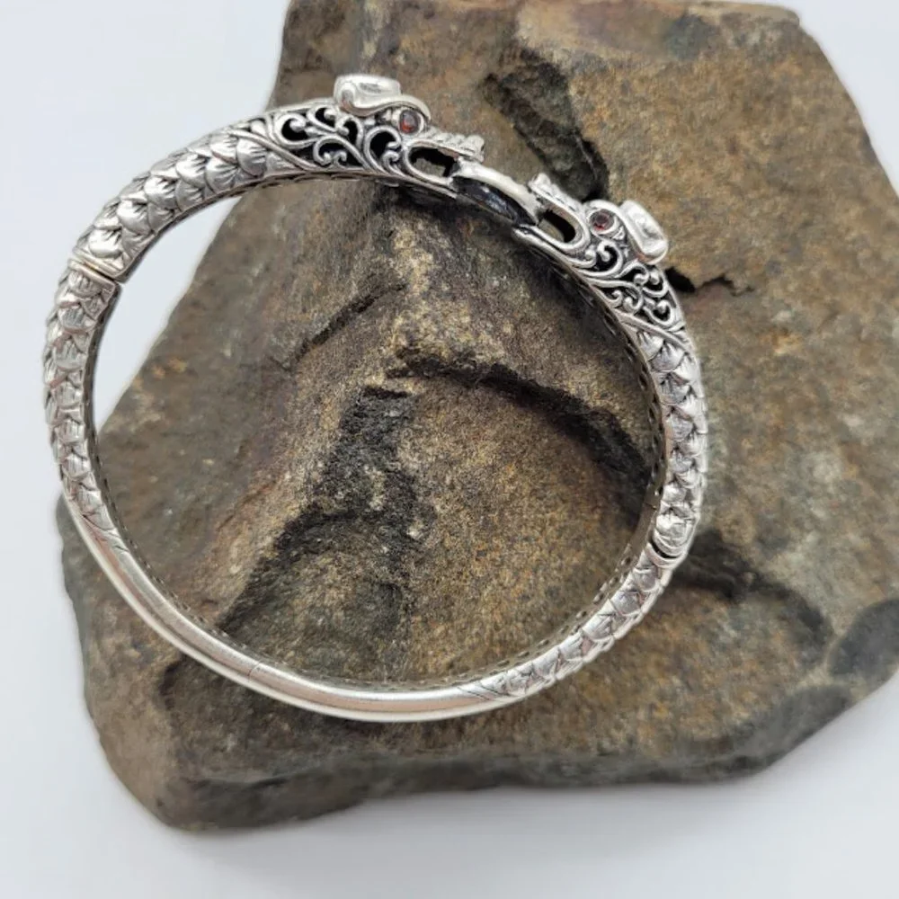 Sterling Silver Dragon Head Bangle Bracelet - Silver